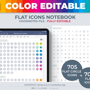 Color changing stickers, FLAT ICONS, Digital Icon stickers, GoodNotes icons, GoodNotes stickers, GoodNotes elements, Color editable