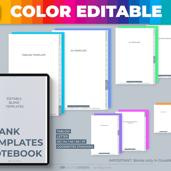 Color editable BLANK TEMPLATES notebook, Digital Notebook, GoodNotes Templates, Note Taking Template GoodNotes, Color changing templates
