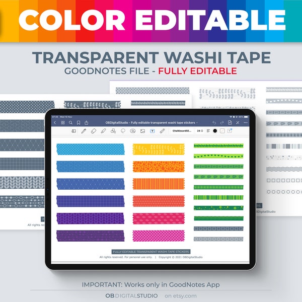 Color changing stickers, TRANSPARENT WASHI TAPE stickers, Washi tapes, GoodNotes digital stickers, GoodNotes elements, Color editable