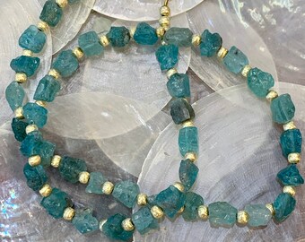 SOLD-Blue Apatite Gold Beaded Necklace / Raw Translucent Apatite / Free Form Nuggets / Gold Filled Toggle / Handcrafted / Olga Ganoudis