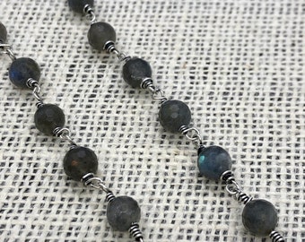 Labradorite Rondel Gemstone Necklace//Unique//OOAK//Sterling Wired Wrapped Chain Sterling //Grey Blue Rondel Gemstones