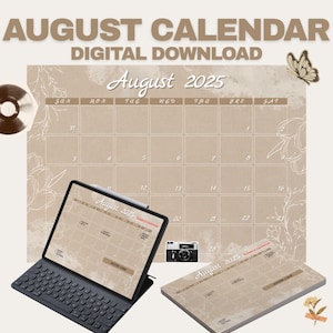 Aesthetic Editable August Calendar, Digital Download, Monthly Planner, August Planner, Instant Download, Printable Calendar