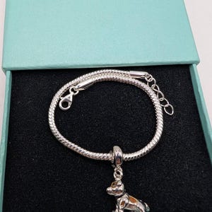 May include: A silver charm bracelet with a dog charm, displayed in a light blue box. The dog charm features brown and silver detailing. The box lid is printed with the name "Charlene's".