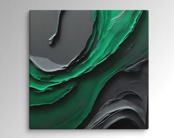 Black Emerald Green 3D Swirls | Square Canvas | Luxury Abstract Modern Wall Art