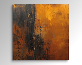 Peut inclure: Œuvre d'art carrée abstraite avec une surface texturée. La peinture est divisée verticalement, avec une section noire foncée à gauche et une section orange-jaune vibrante à droite. L'œuvre d'art a un aspect vieilli et usé.