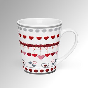 Latte Mug White and Dark Red Heart | Luxury Designer Ceramic Cup