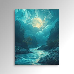 Turkusowy, akwamarynowy, geometryczny krajobraz rzeczny w świetle księżyca | Płótno pionowe | Współczesna, kanciasta sztuka ścienna