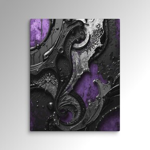 Arte mural abstracto barroco industrial en plata, púrpura y negro / Lienzo vertical / Decoración con textura 3D