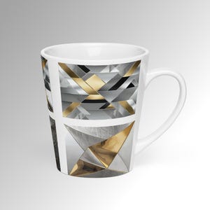 Grey Silver Gold | Geometric Angular Pattern Latte Mug | Designer Coffee Cup Kitchen Decor