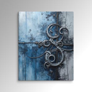 Blue Navy Silver Slate Grey Ornate Abstract Wall Art | Vertical Canvas | 3D Metallic Scrolled Composition