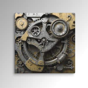May include: A square canvas print with a steampunk design. The artwork depicts a complex arrangement of gears, cogs, and mechanical components in silver, gold, and grey, creating a textured, industrial aesthetic.