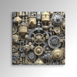 May include: A detailed image of a complex steampunk-style machine. The composition features a dense arrangement of gears, pipes, and cylindrical components in shades of gold, grey, and silver. The intricate design suggests a mechanical or industrial theme.
