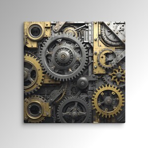 May include: Square canvas art with a detailed steampunk design. The artwork shows a complex arrangement of gears, cogs, and mechanical components in gold, silver, and grey. The industrial aesthetic creates a textured, metallic appearance.