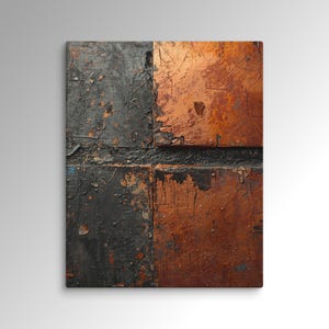 May include: A rectangular wall art piece featuring a grid of four panels. Two panels are finished in a distressed matte black with visible texture, while the other two panels display a metallic copper finish with scratches and weathered details.