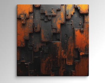 Art mural 3D industriel multicouches industriel cuivre noir orange | Toile carrée | Décoration abstraite moderne