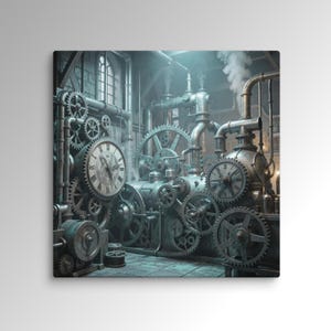 Könnte beinhalten: Steampunk-Kunstwerk mit einer komplexen Maschine mit zahlreichen Zahnrädern, Rohren und Messgeräten. Die Farbpalette besteht hauptsächlich aus gedämpften Grün- und Grautönen, wobei Dampf aus der Maschine aufsteigt. Zwei große Uhren sind sichtbar.