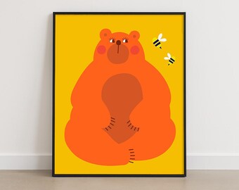 Sunny Bear Art Print – Playful woodland Forest Poster for Kids Rooms and nursery decor