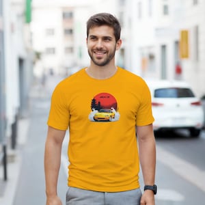Mazda MX-5 2ND GEN Burnout T-Shirt | Yellow MX5 | Red Sunset Design | V9.3