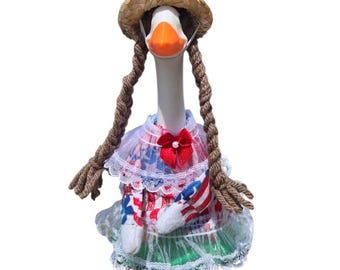 7 Inch SMALL DESK goose Patriotic Dress with Straw Hat and Braids