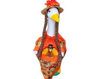 22-28 Inch Porch Goose Thanksgiving Turkey Cornucopia Dress with Straw Hat with Braids