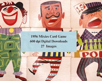 Puede incluir: Descargas digitales del juego de cartas vintage Mixies de 1956. La imagen muestra ilustraciones coloridas de personajes de dibujos animados, incluyendo un payaso, un hombre con bigote y un vendedor. Los personajes están en varias poses, con la palabra "POP" visible.