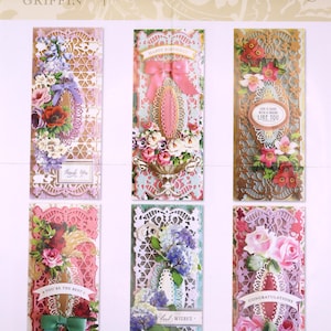 May include: A collection of six slimline cards featuring intricate die-cut lattice patterns, floral arrangements, and sentiment banners. The cards display various color palettes including pink, purple, and green, with text such as Thank You, Happy Birthday, Life is Good With a Friend Like You, You're the Best, Best Wishes, and Congratulations.