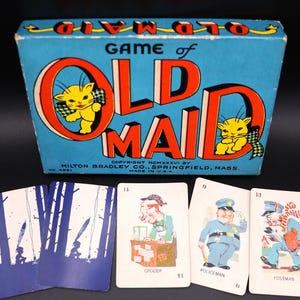 Gioco di carte Old Maid degli anni '30 Milton Bradley, set completo, scatola originale, gioco vintage da collezione, diario di gioco, tecnica mista, retro blu