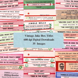 May include: A collection of vintage jukebox title cards, featuring song titles and artist names. The cards have a retro design with various colors and fonts, and the text "Vintage Juke Box Titles" is displayed in the center.