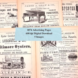 Antike druckbare Ephemera 1874 Werbebuchseiten Download Junk Journal Mixed Media Original Scans Digital Paper Kit.  Set 3