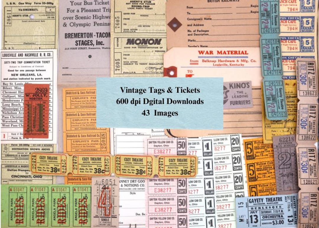 Vintage Printable Ephemera Tags & Tickets Download Junk Journal Mixed ...