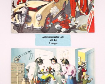 Vintage Anthropomorphic Cat Postcards, Ephemera Collage (Digital Download)