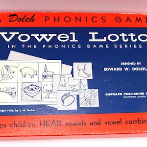 Vintage 1956 Dolch Vowel Lotto Phonics Game Education Flash Cards Junk Journal Mixed Media Efemere