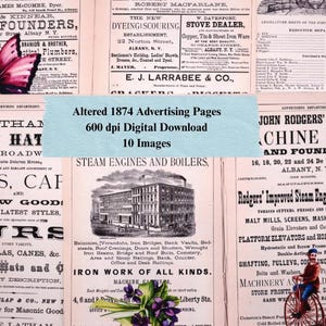 Vintage Printable Ephemera verändert 1874 Werbung Buchseiten Download Junk Journal Digital Paper Kit Original Scans.  Set 1