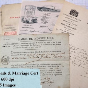 Antyczne drukowane francuskie efemerydy Bill Heads i francuskie licencje małżeńskie Junk Journal Mixed Media Oryginalne skany Pobierz cyfrowy zestaw papierów