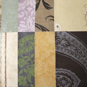 May include: A collection of ten rectangular wallpaper samples featuring diverse patterns including damask, floral, and scroll motifs in various colors such as light blue, sage green, lavender, mustard yellow, brown, black, and cream, with one sample showing a chair.