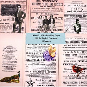 Vintage Printable Ephemera verändert 1874 Werbung Buchseiten Download Junk Journal Digital Paper Kit Original Scans.  Set 3