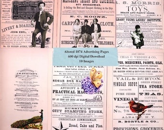 May include: A collage of vintage advertising pages from 1874, featuring various businesses. The pages have a sepia tone with text and illustrations, including a tailor, toy store, and boarding house. The text "Altered 1874 Advertising Pages" is visible.