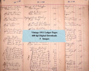 Vintage 1911 Ledger Pages Ephemera, Printable Paper Kit (Digital Download)