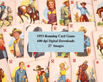 May include: A selection of vintage playing cards from the 1953 Roundup Card Game. The cards display illustrations of cowboys, cowgirls, horses, and Western-themed imagery. The text on the card reads "IX". The image also includes the text "1953 Roundup Card Game 600 dpi Digital Downloads 27 Images".