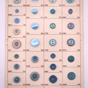 Könnte beinhalten: Eine Vintage-Anzeigetafel mit einer Auswahl an blauen Knöpfen in verschiedenen Formen und Größen. Die Knöpfe sind in einem Raster angeordnet, wobei jeder Knopf mit einer Nummer versehen ist. Die Karte ist in den USA gedruckt.