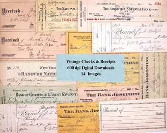 Vintage Checks and Receipts Ephemera, Printable Paper (Digital Download)