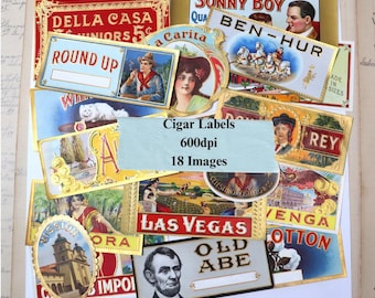 Vintage Cigar Labels Ephemera, 18 Vintage Images (Digital Download)