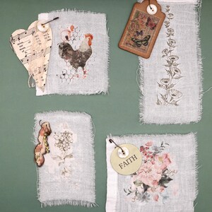Handmade Fabric Junk Journal Tags: Floral, Chicken, Vintage Embellishments, Set of 4