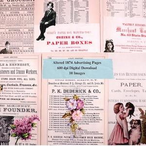 Vintage Printable Ephemera verändert 1874 Werbung Buchseiten Download Junk Journal Digital Paper Kit Original Scans.  Set 2