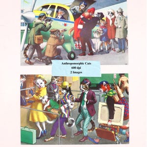 Effimere vintage stampabili, cartoline con gatti antropomorfi, diario di rifiuti, collage di scansioni originali con tecniche miste, kit di carta digitale da scaricare