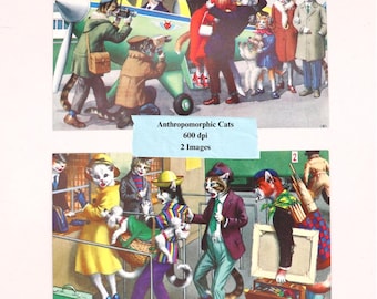 Vintage Anthropomorphic Cat Postcards, Ephemera Collage (Digital Download)