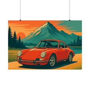 Retro Car Landscape Poster, Vintage Wall Art, Matte Print for Home Decor, Gift for Car Lovers, Retro Poster Art