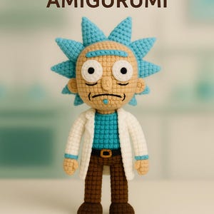 May include: Handmade amigurumi doll of a cartoon character, featuring a light brown face, blue spiky hair, and a white lab coat. The doll is wearing a blue shirt and brown pants. The text "HANDMADE AMIGURUMI" and "DIGITAL PDF DOWNLOAD" are displayed.