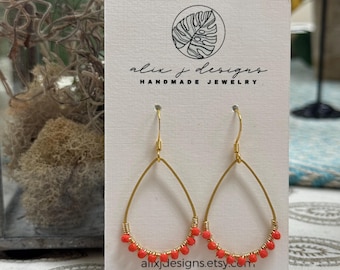 Brass teardrop, wire wrapped beads, minimalist, beachy, coastal, delicate, statement earring