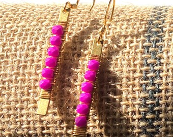 Brass bar, wire wrapped beads, minimalist, beachy, coastal, delicate, statement earring